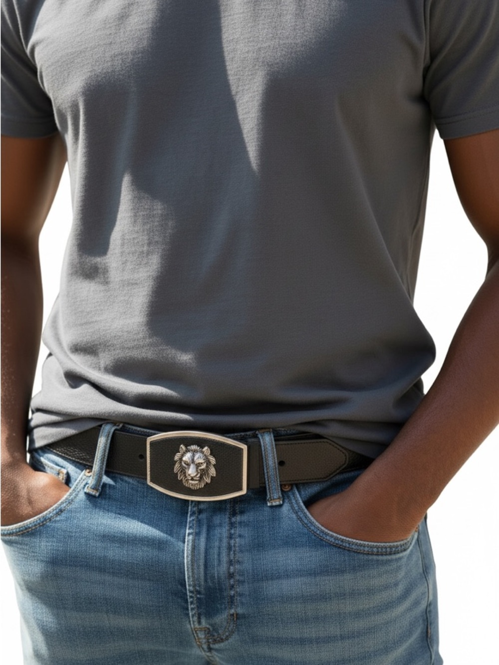 Vintage Lion black belt genuine leather/buckle belt silver black solid NWT Large